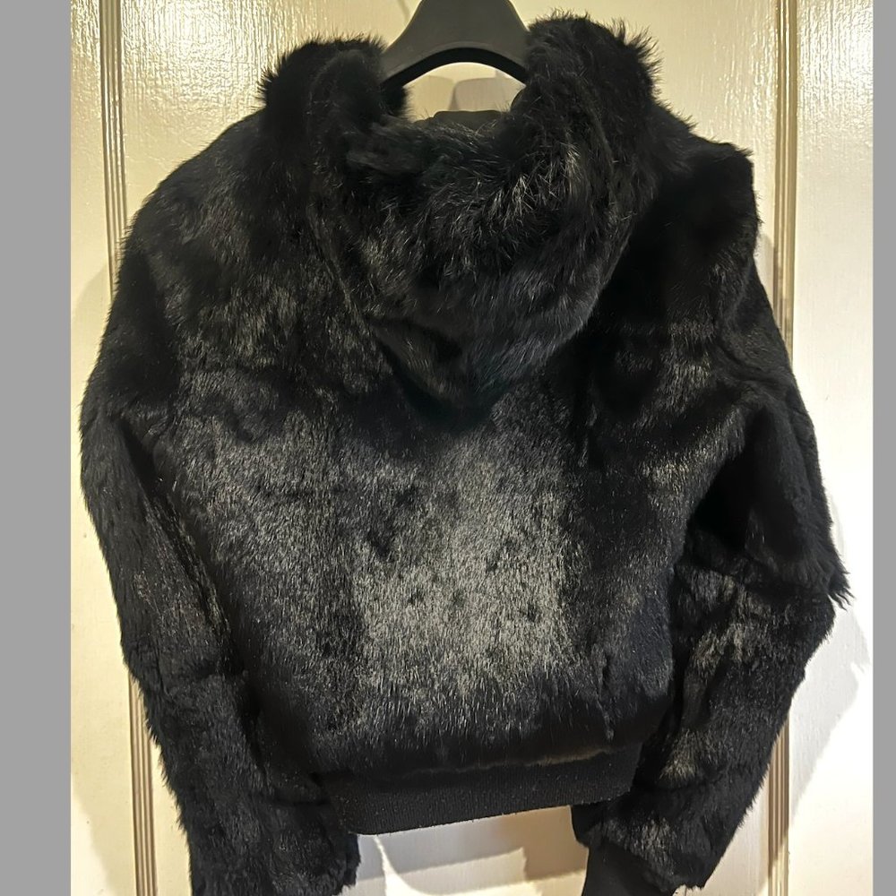 Black Rabbit Fur Coat with Hood and Pockets